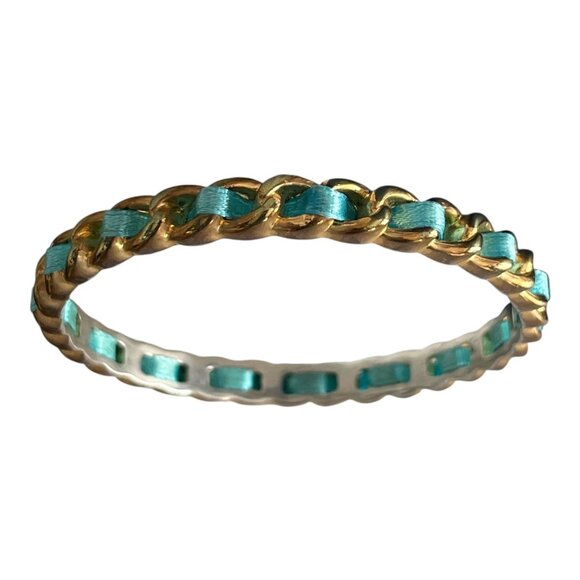 Vintage Graziano Gold-Tone and Aqua Ribbon Woven Bangle Bracelet – 3” Diameter - Picture 2 of 5